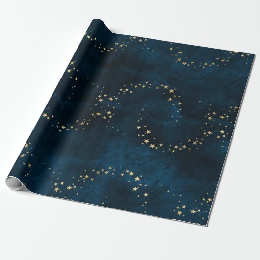 Weihnachts-Luxus goldene Sterne Blau Geschenkpapier (Ungerollt)