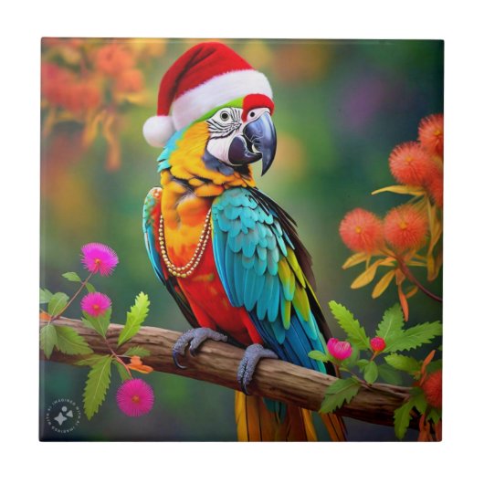 Weihnachts-Macaw mit einer Weihnachtsmannmütze-564 Fliese (Vorderseite)