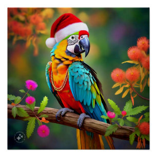 Weihnachts-Macaw mit einer Weihnachtsmannmütze-564 Poster