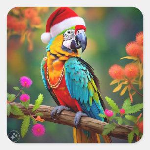 Weihnachts-Macaw mit einer Weihnachtsmannmütze-564 Quadratischer Aufkleber