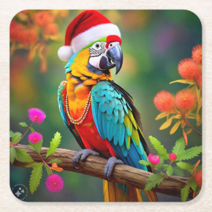 Weihnachts-Macaw mit einer Weihnachtsmannmütze-564 Rechteckiger Pappuntersetzer
