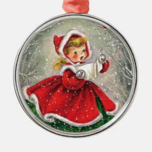 Weihnachts Mädchen im Kleid Vintage 1950er Silbernes Ornament