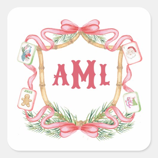 Weihnachts-Mahjong | Monogramm Quadratischer Aufkleber (Vorderseite)