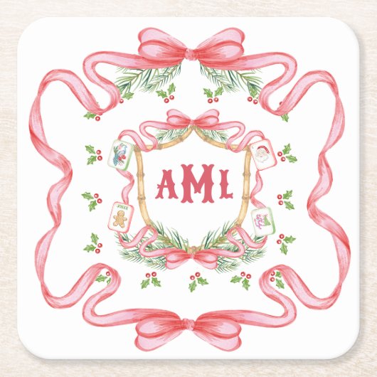 Weihnachts-Mahjong | Monogramm Rechteckiger Pappuntersetzer (Vorderseite)