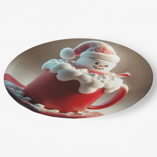 Weihnachts-Marshmallow-Schneemann in heißer Schoko Pappteller (Schrägansicht)