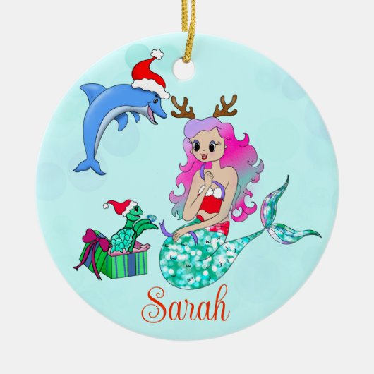 Weihnachts-Meerjungfrau öffnet Geschenke Name Keramik Ornament (Vorne)