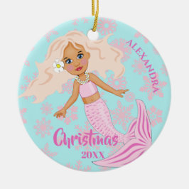 Weihnachts-Meerjungfrau Rosa Schneeflocken Foto Keramik Ornament