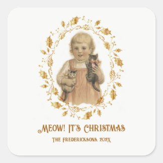Weihnachts Meow Vintag Quadratischer Aufkleber
