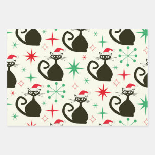 Weihnachts-Mid-Century-Retro-Atomkatzen  Geschenkpapier Set