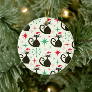 Weihnachts-Mid-Century-Retro-Atomkatzen Keramik Ornament