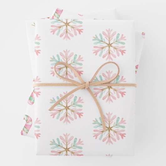 Weihnachts-Minze Rosa Schneeflocken Candy Snowman Geschenkpapier Set (Beispiel)