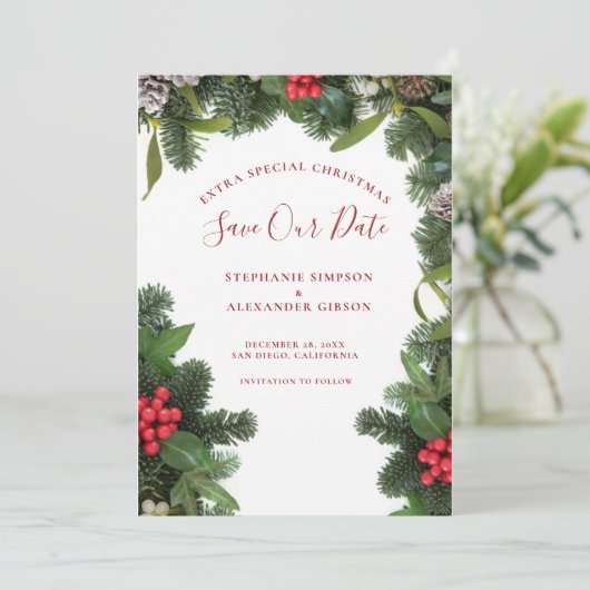 Weihnachts-Mistletoe Hochzeit Speichern Sie die Da Save The Date (Stehend Vorderseite)