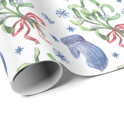 Weihnachts-Mistletoe, Schneeflocken, Mitten - Weiß Geschenkpapier (Rolleneckpunkt)