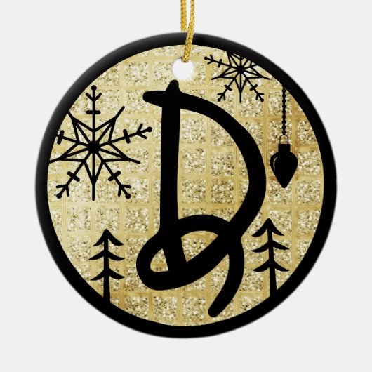 Weihnachts Monogram Letter D Black Gold Glitzer Keramik Ornament (Vorne)