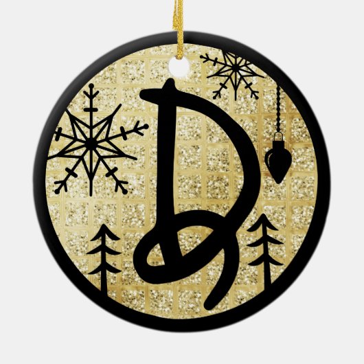 Weihnachts Monogram Letter D Black Gold Glitzer Keramik Ornament (Hinten)