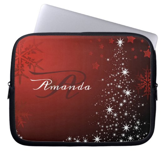Weihnachts Monogram White Stars Tree Rote Schneefl Laptopschutzhülle (Vorderseite)