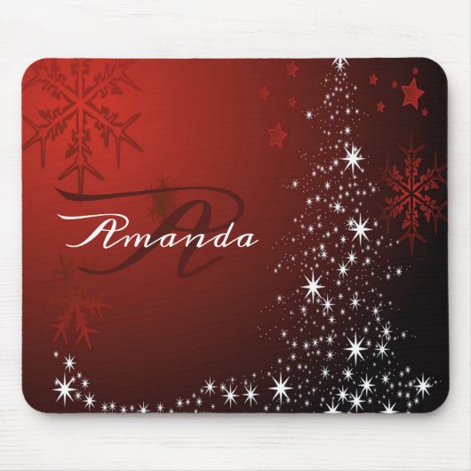 Weihnachts Monogram White Stars Tree Rote Schneefl Mousepad (Vorne)