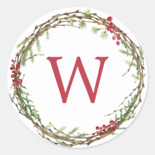 Weihnachts Monogram Winter Greenerity Wreath Berri Runder Aufkleber