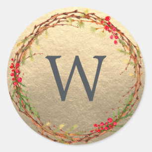 Weihnachts Monogram Winter Greenerity Wreath Gold Runder Aufkleber