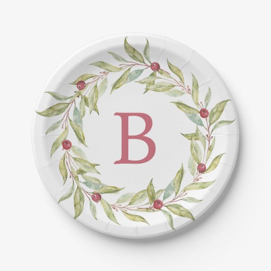 Weihnachts Monogram Winter Greenery Blätter Berrie Pappteller (Vorderseite)