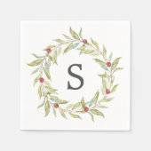 Weihnachts Monogram Winter Greenery Blätter Berrie Serviette (Vorderseite)