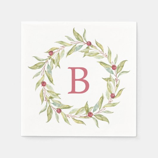 Weihnachts Monogram Winter Greenery Blätter Berrie Serviette (Vorderseite)