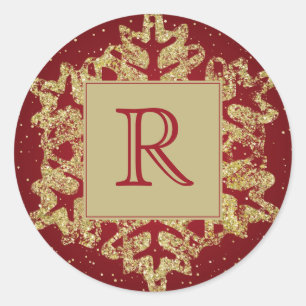 Weihnachts-Monogramm-Glitzer Snowflake Red Gold Runder Aufkleber