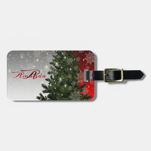 Weihnachts-Monogramm Grüner Tree Roter Silberschne Gepäckanhänger (Vorderseite horizontal)