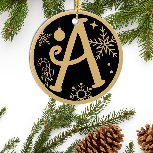 Weihnachts Monogramm Letter A Gold Black Keramik Ornament