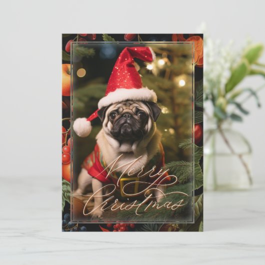 Weihnachts-Mops Elf Feiertagskarte (Stehend Vorderseite)