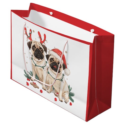 Weihnachts-Mops-Hunde Große Geschenktüte (Vorderseite Schrägansicht)