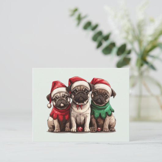 Weihnachts-Mops-Hunde Postkarte (Stehend Vorderseite)