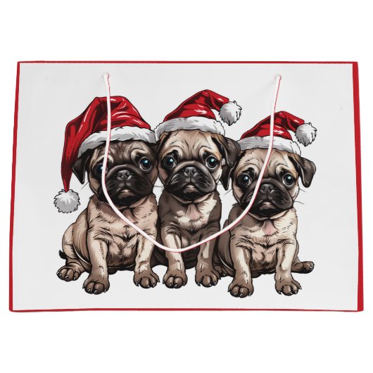 Weihnachts-Mops Hunde Santa Große Geschenktüte (Vorderseite)