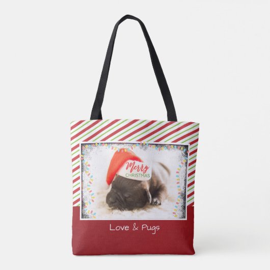 Weihnachts-Mops in Weihnachtsmannmütze mit Weihnac Tasche (Rückseite)