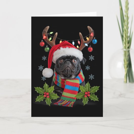 Weihnachts-Mops mit Geweih Santa-Hut Kuschelschal Karte (Vorderseite)