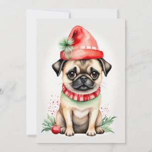 Weihnachts-Mops mit Red Hat Flat Holiday Card Feiertagskarte