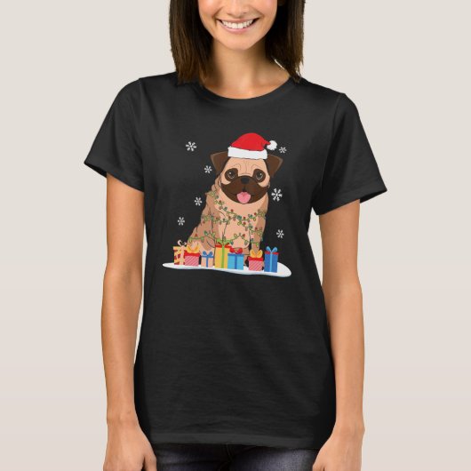 Weihnachts-Mops mit Weihnachtsbaumleuchten & Weihn T-Shirt (Vorderseite)