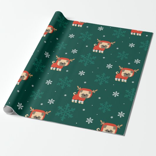 Weihnachts-Mops Rentier Pattern Geschenkpapier (Ungerollt)