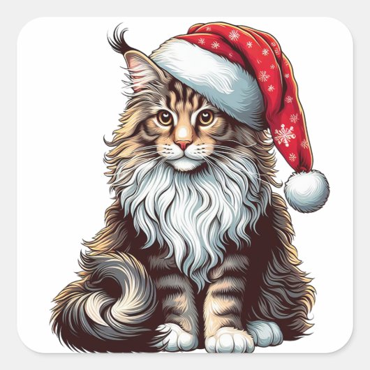 Weihnachts-Münzkatze Maine Coon Kitten Quadratischer Aufkleber (Vorderseite)