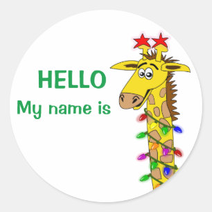 Weihnachts-Nametag-Sticker Funny Giraffe mit Licht Runder Aufkleber