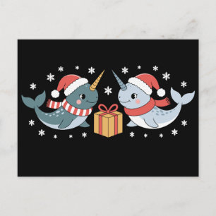Weihnachts-Narwal-Weihnachtsmann-Hut-Schal-Schneef Feiertagspostkarte