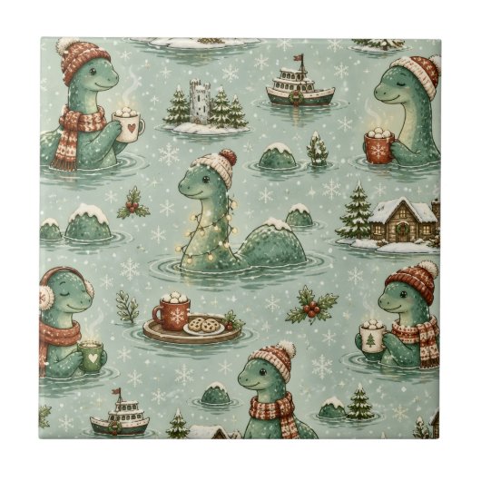 Weihnachts-Nessie Loch Ness Monster Cozy Kryptiden Fliese (Vorderseite)