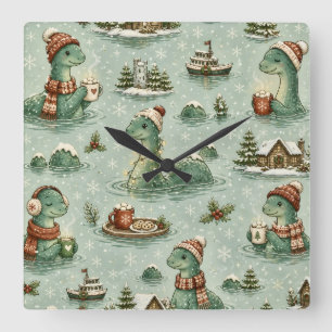 Weihnachts-Nessie Loch Ness Monster Cozy Kryptiden Quadratische Wanduhr