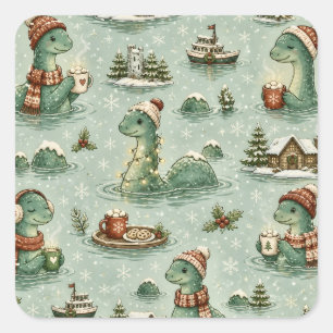 Weihnachts-Nessie Loch Ness Monster Cozy Kryptiden Quadratischer Aufkleber