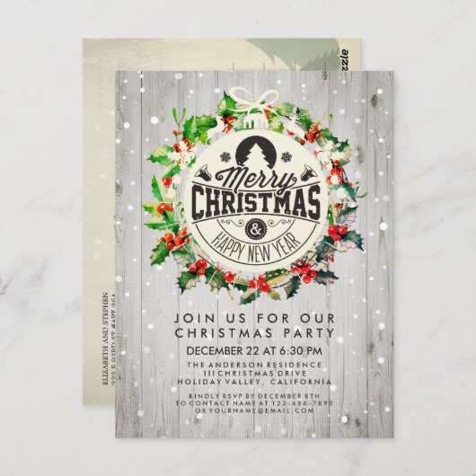 Weihnachts-Neujahrsparty Holly Wreath Snow Postkarte (Vorne/Hinten)