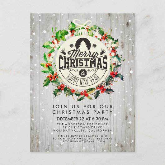 Weihnachts-Neujahrsparty Holly Wreath Snow Postkarte (Vorderseite)