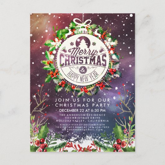 Weihnachts-Neujahrsparty Holly Wreath Snow Postkarte (Vorderseite)