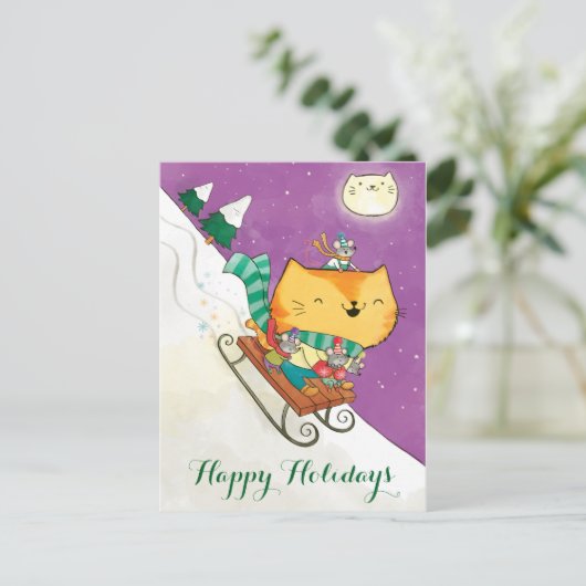 Weihnachts-Niedliche Cat's Sled Postkarten (Stehend Vorderseite)