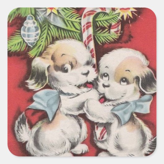 Weihnachts-Niedliche Hunde mit Candy Cane Quadratischer Aufkleber (Vorderseite)