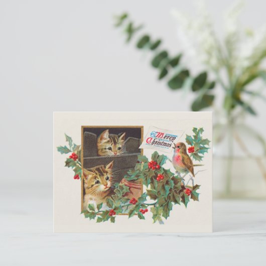Weihnachts-Niedliche Vintage Katze Postkarte (Stehend Vorderseite)
